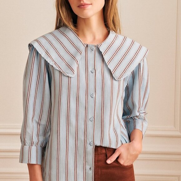 Paul & Joe Paris Striped Blouse Wide Collar Button Front NWOT Short Sleeves Silk - Picture 1 of 9